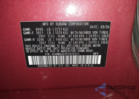 2023 Subaru Ascent Limited 7-Passenger из США, поврежденный, VIN 4S4WMASD3P3429321